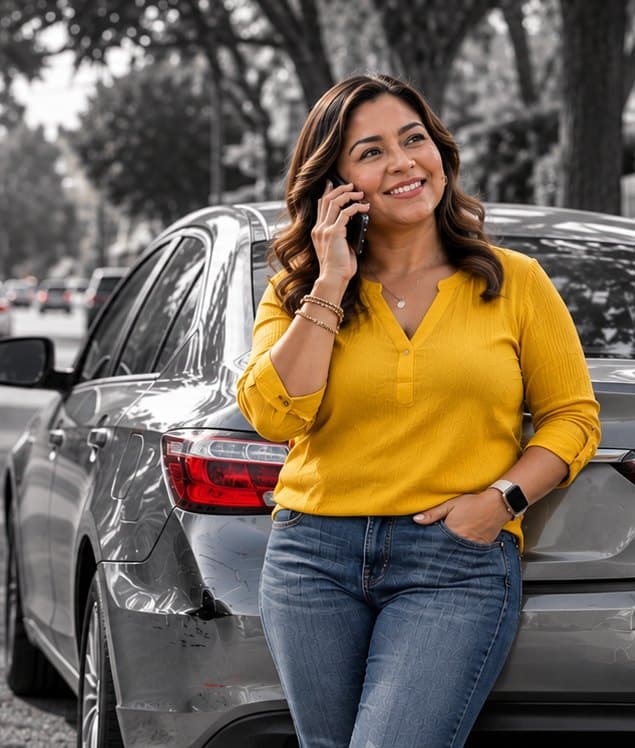 Una conductora sonriente hablando por teléfono, recargada en su carro con la defensa abollada en una calle tranquila