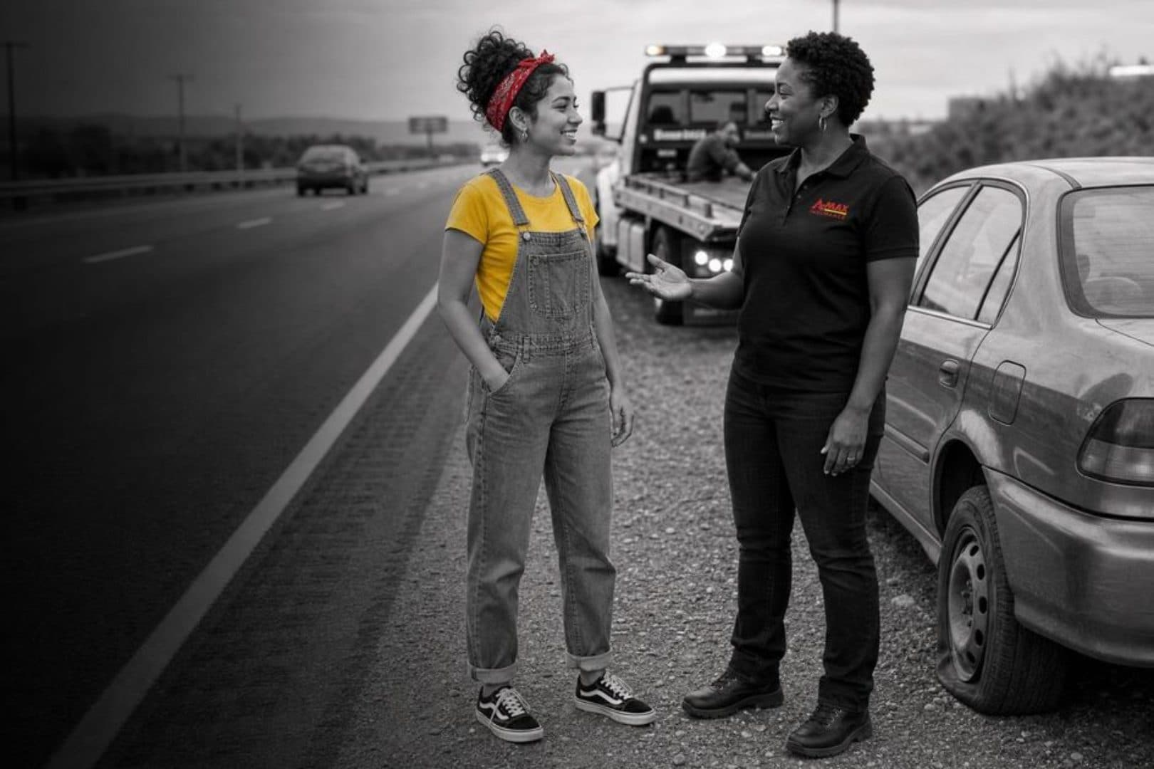 An A-MAX agent talking with a driver beside a car on the roadside