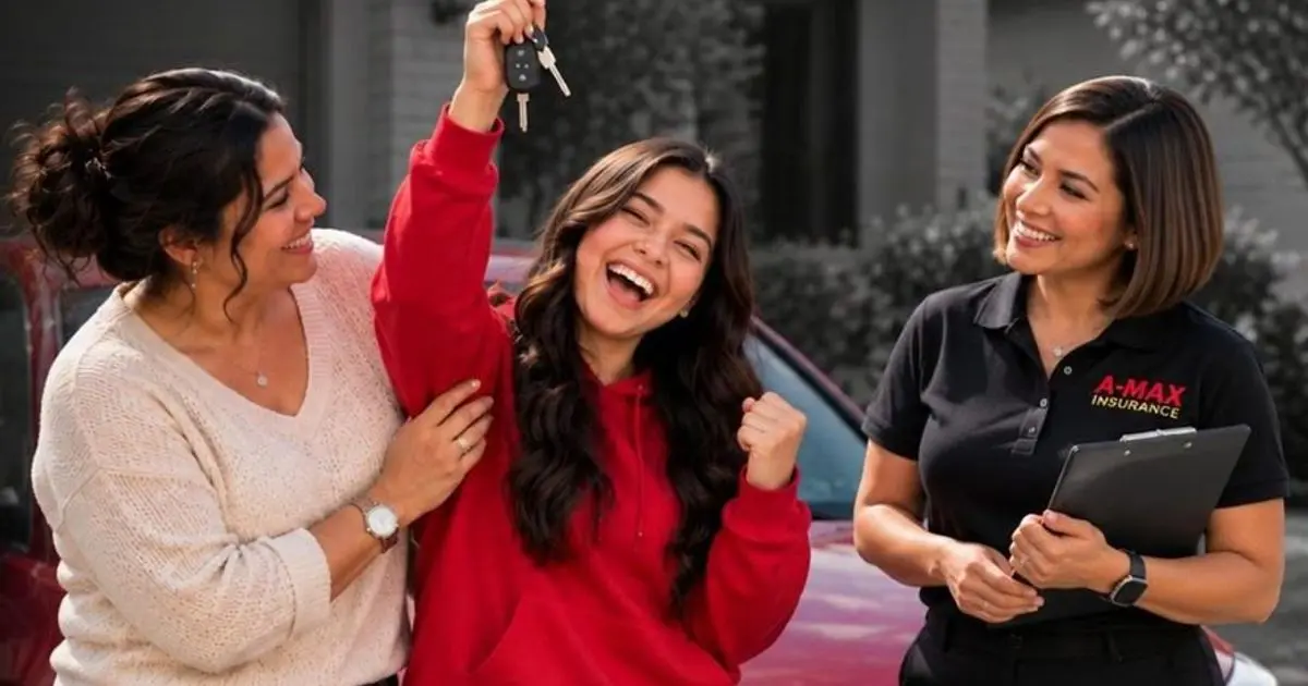 A parent and teen celebrating with an A-MAX agent