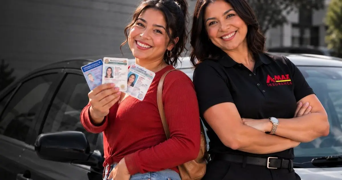 A customer holding up her ID cards next to an A-MAX agent beside her car