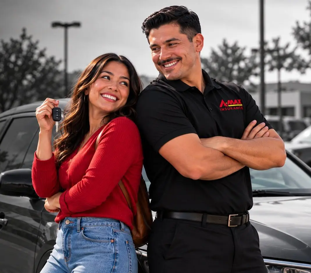 A customer holding her car keys next to an A-MAX agent in front of her car