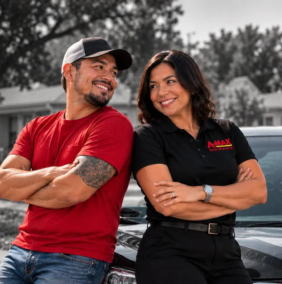 A customer in a red shirt and an A-MAX agent smiling with their arms crossed outside a parked car