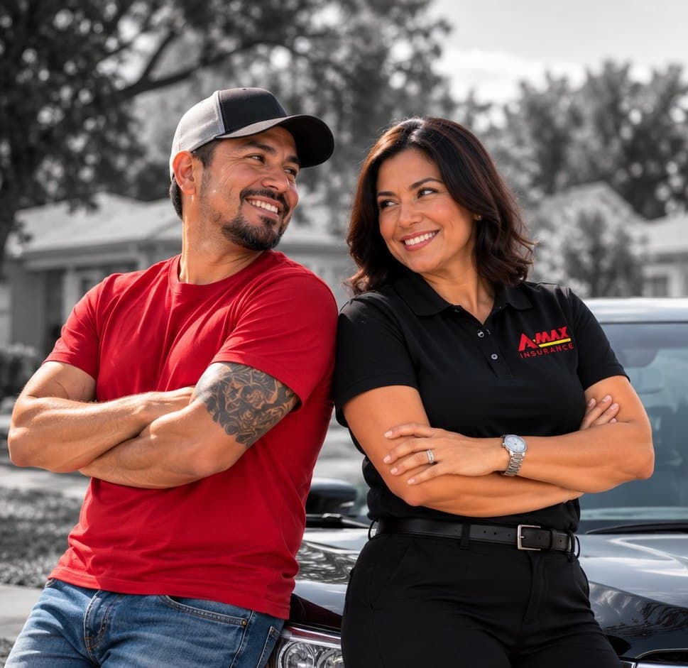 A customer and an A-MAX agent smiling with their arms crossed on a neighborhood street