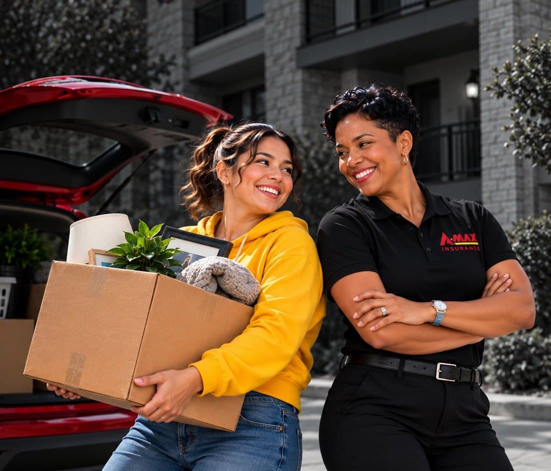 A woman unloading moving boxes from her car while an A-MAX agent stands beside her