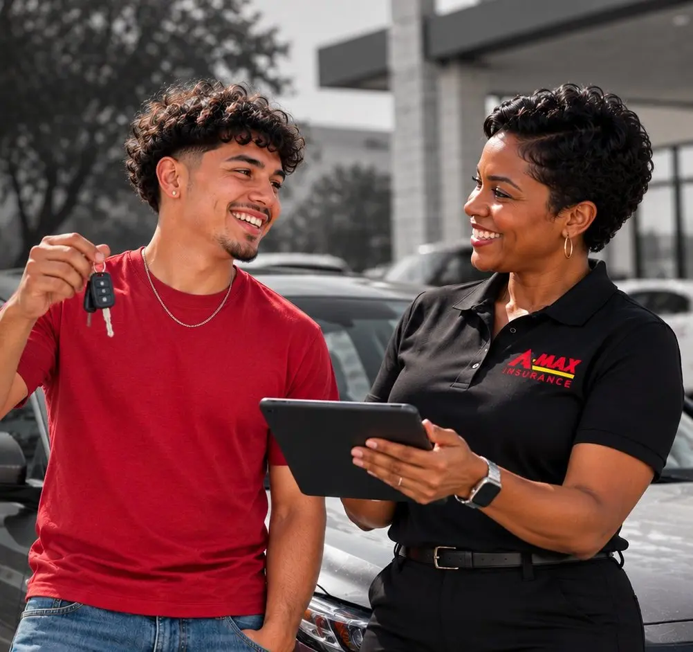 A young driver holding his car keys while an A-MAX agent checks a tablet beside him