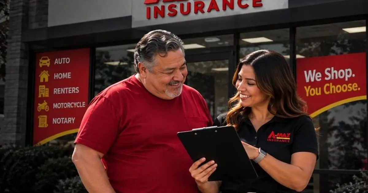 A customer talking with an A-MAX agent holding a clipboard outside an A-MAX office