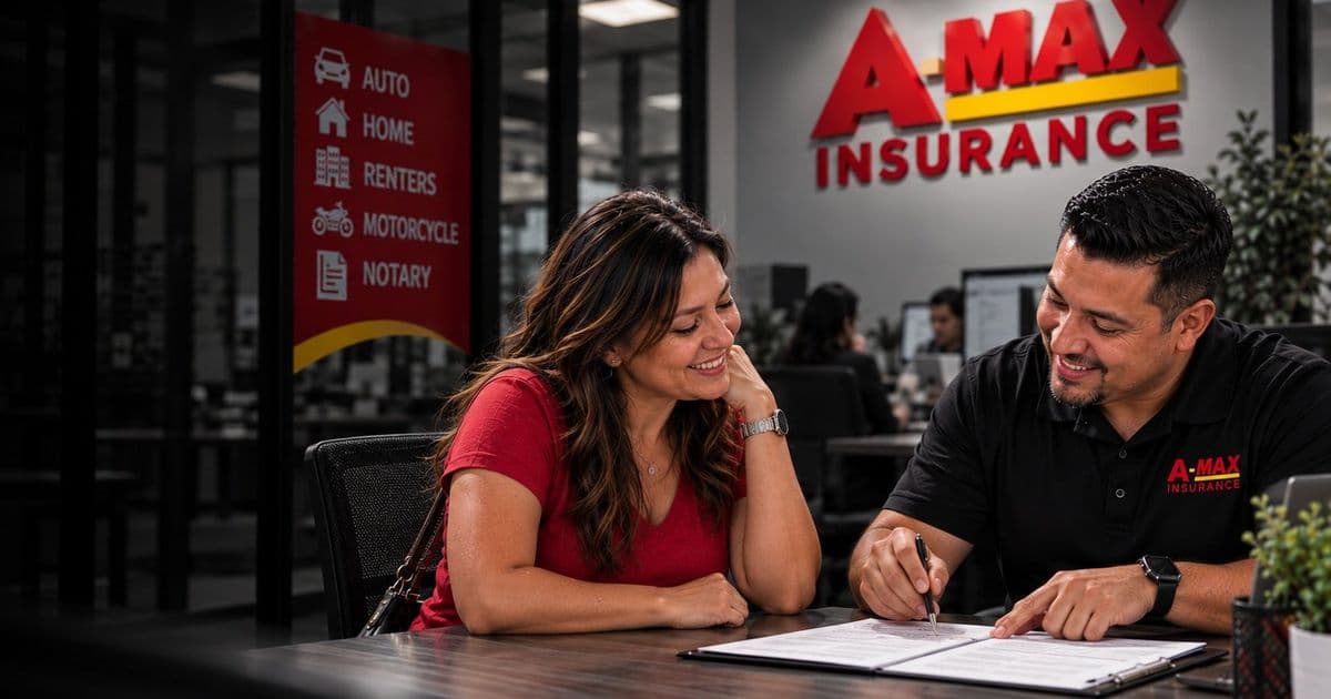 A customer reviewing her policy with an A-MAX agent at a desk inside an A-MAX office