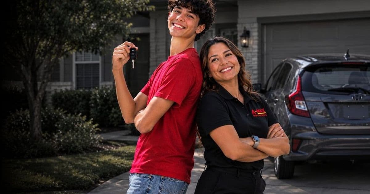 A teen driver holding up his new car keys next to an A-MAX agent in a driveway