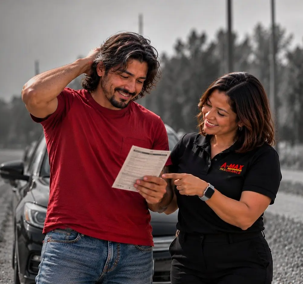 A driver holding a ticket while an A-MAX agent walks him through it on the side of the road