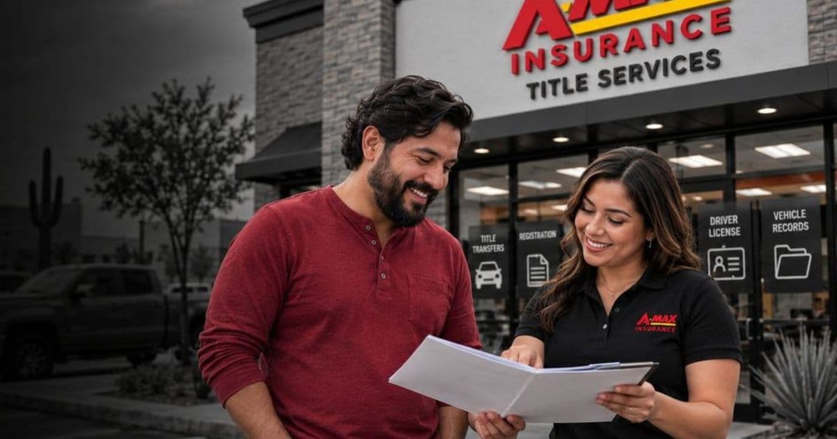 An A-MAX agent reviewing paperwork with a customer outside an A-MAX title services office
