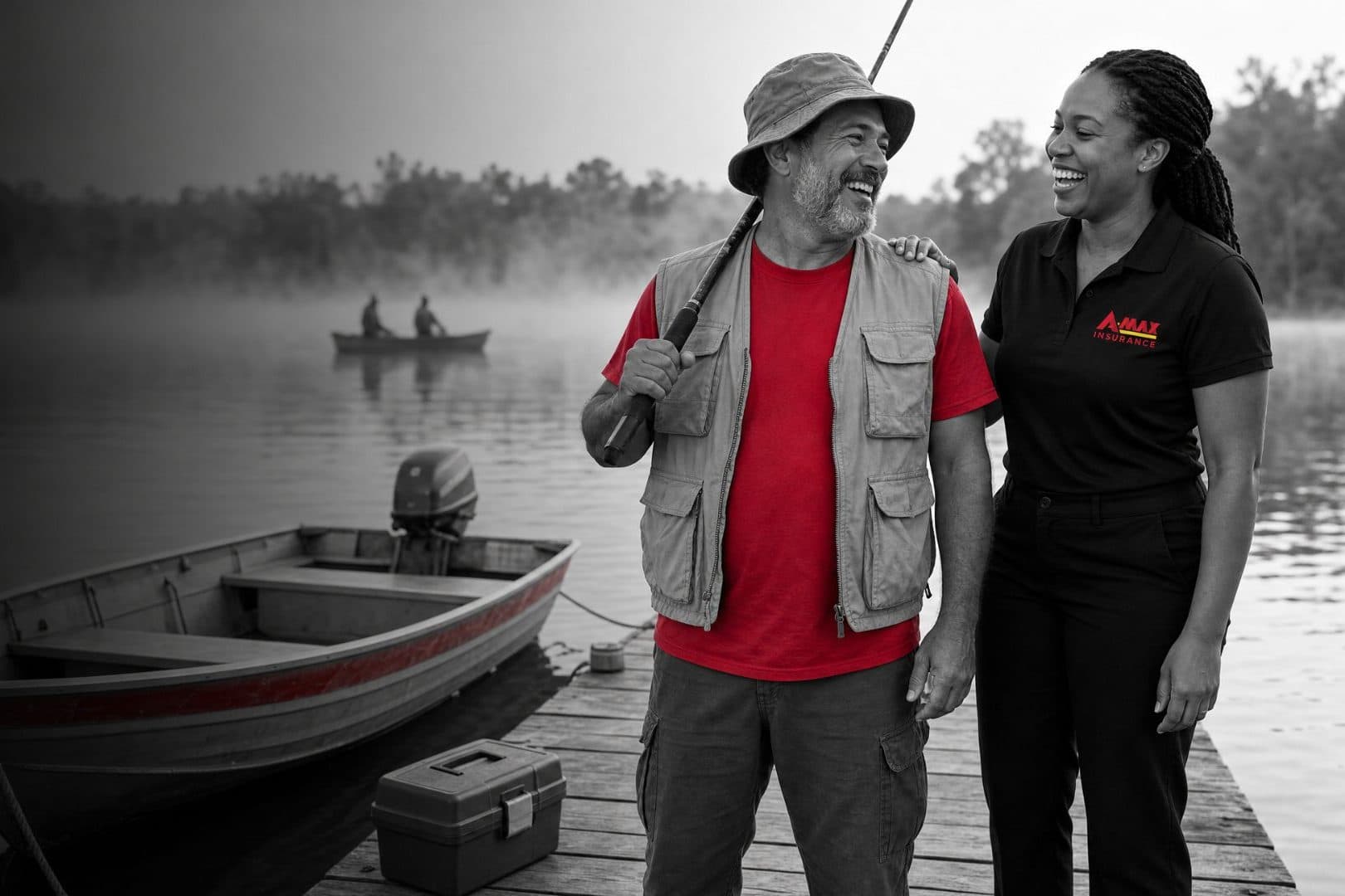 A fisherman on a dock laughing with an A-MAX agent