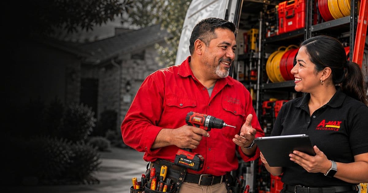 Un electricista con sus herramientas junto a su camioneta de trabajo hablando con una agente de A-MAX