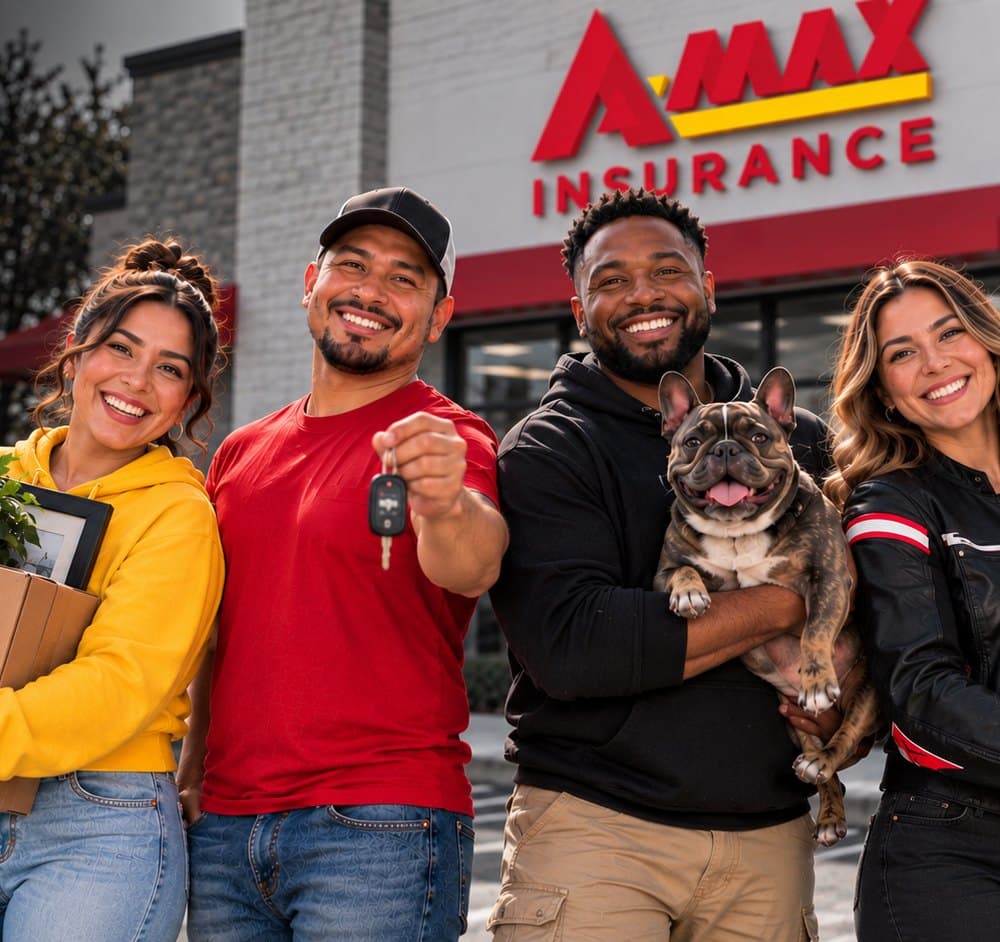 Four smiling A-MAX customers outside an A-MAX Insurance office holding moving boxes, car keys, a French bulldog and a motorcycle helmet