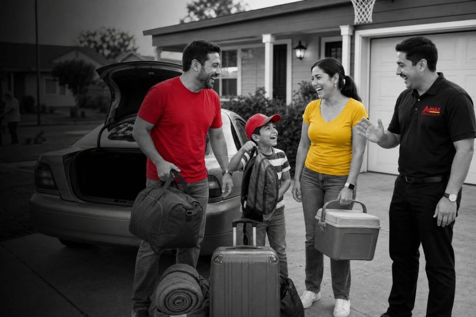 A family packing their car for a trip while talking with an A-MAX agent
