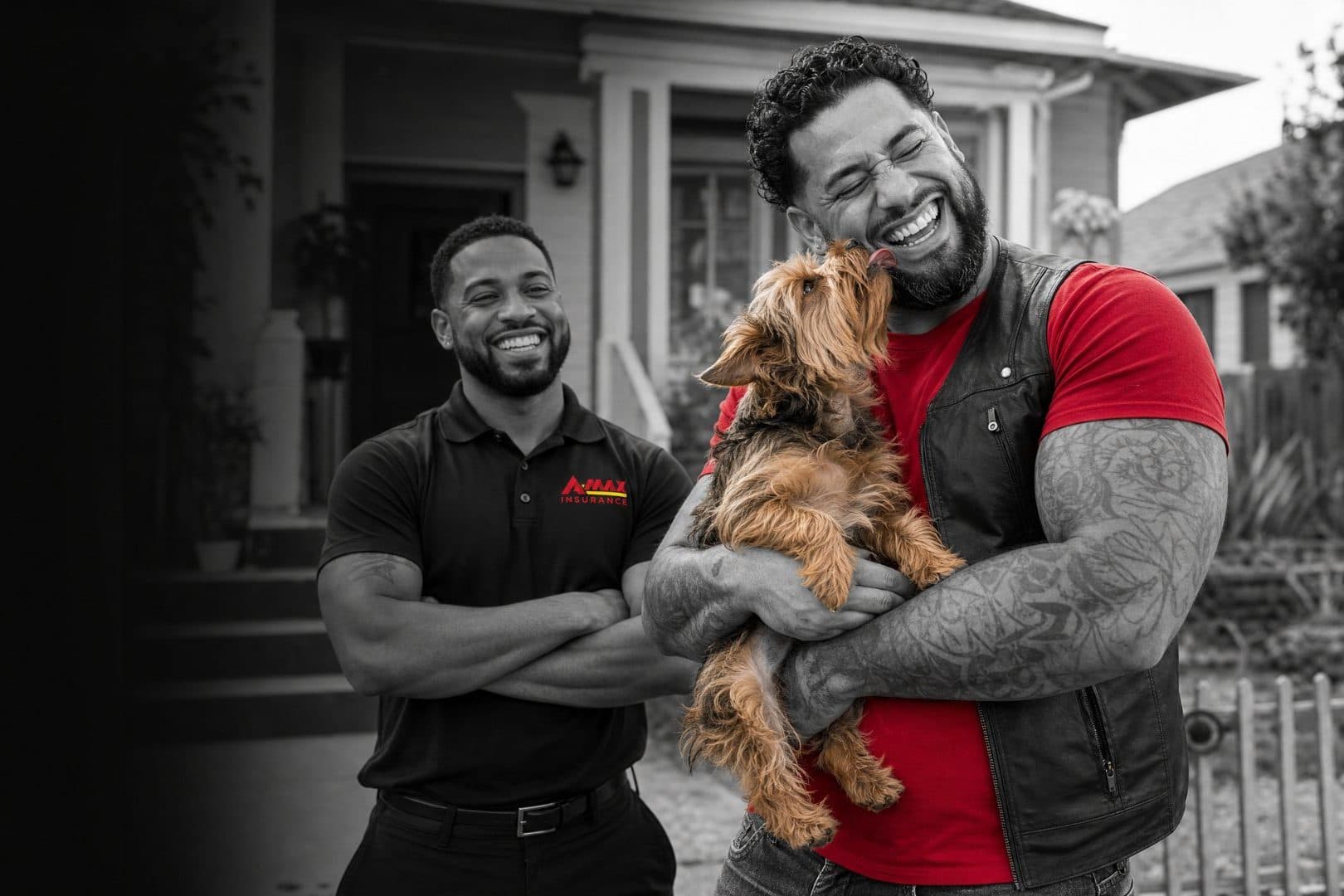 A man holding his dog next to a smiling A-MAX agent