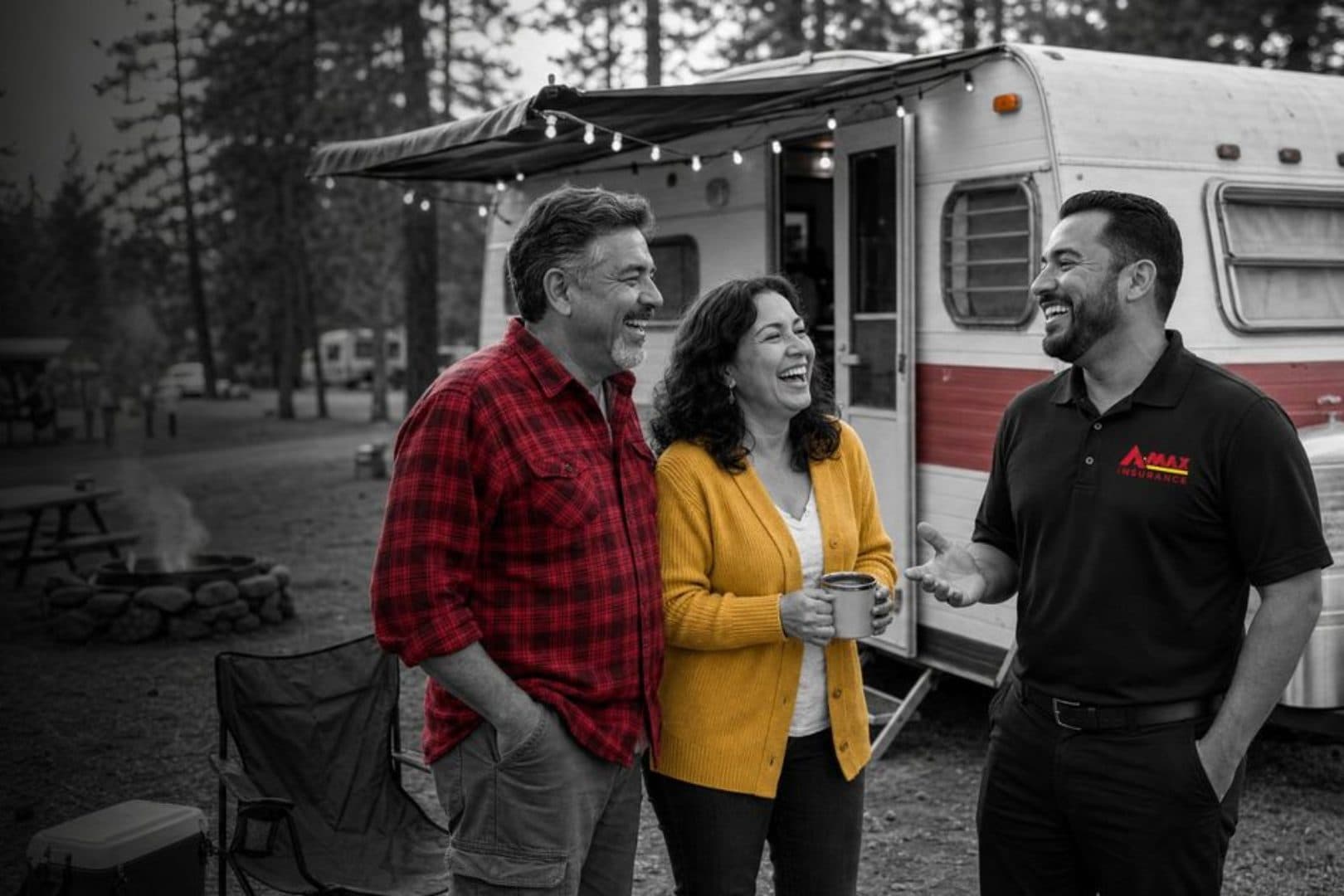 A couple at their RV talking with an A-MAX agent