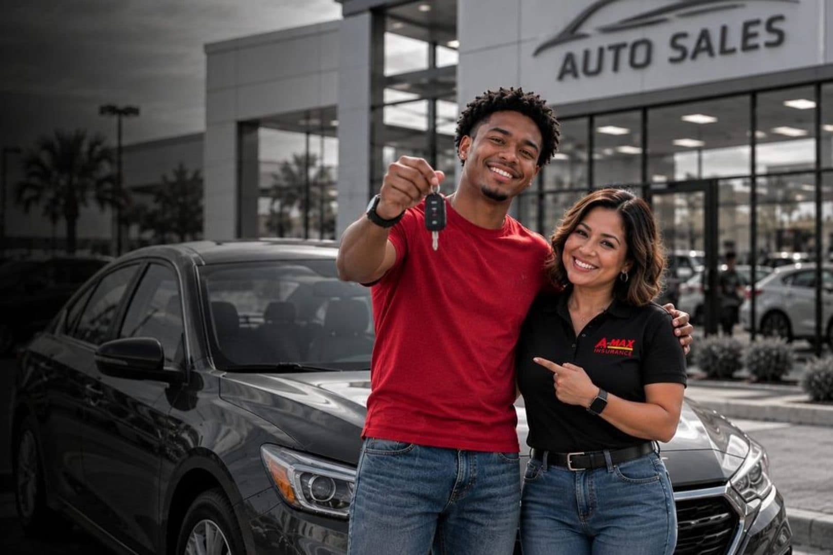 Smiling driver holds up new car keys next to an A-MAX agent outside a car dealership