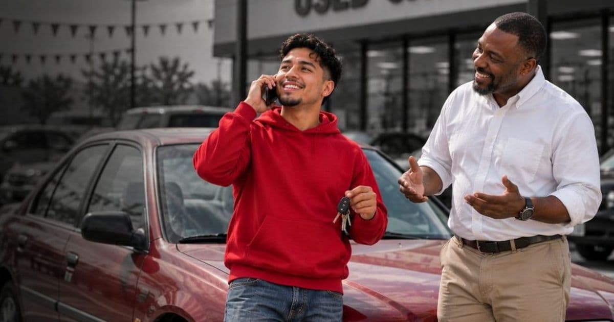 A customer on the phone at a used car lot with an A-MAX agent