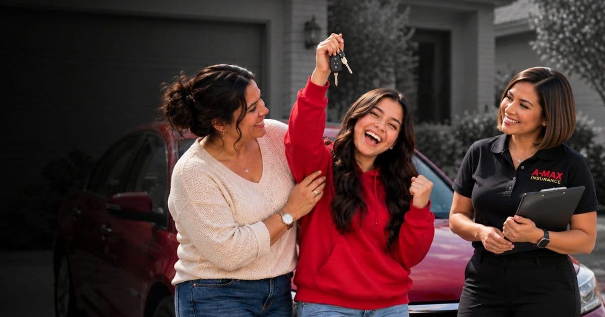 A parent and teen celebrating with an A-MAX agent