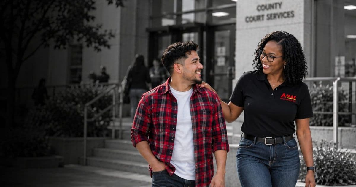A customer walking with an A-MAX agent outside a courthouse