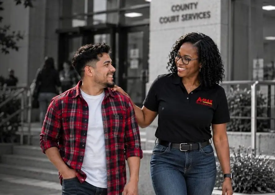 A customer walking with an A-MAX agent outside a courthouse