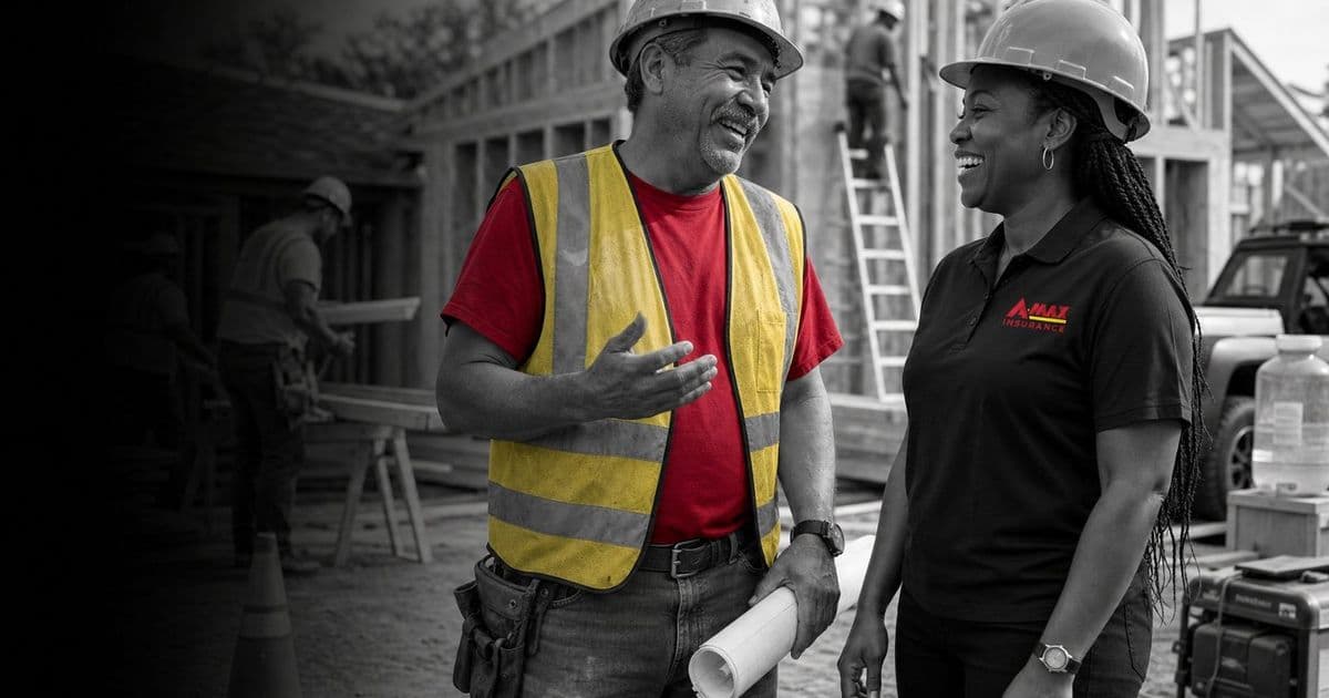 A construction worker in a safety vest talking with an A-MAX agent at a job site