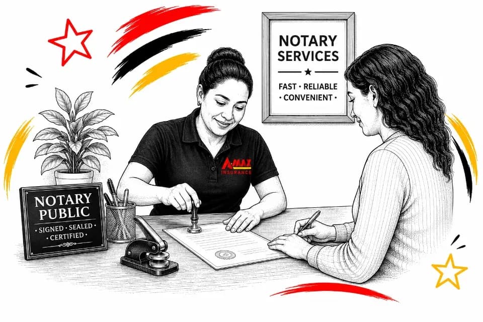 Illustration of a notary public stamping a document for a customer