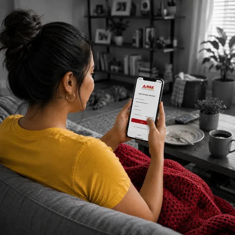 A woman on her couch logging in to her A-MAX account on her phone