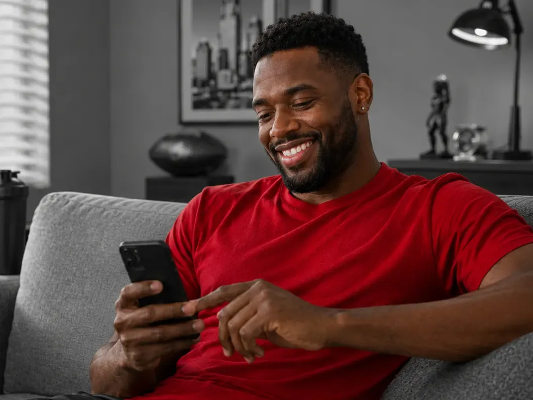 A smiling man in a red T-shirt relaxing on his couch while using his phone