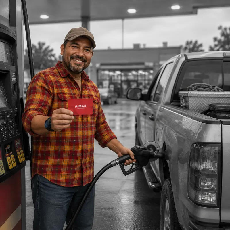 A smiling man holding up an A-MAX Rewards card while pumping gas into his pickup truck