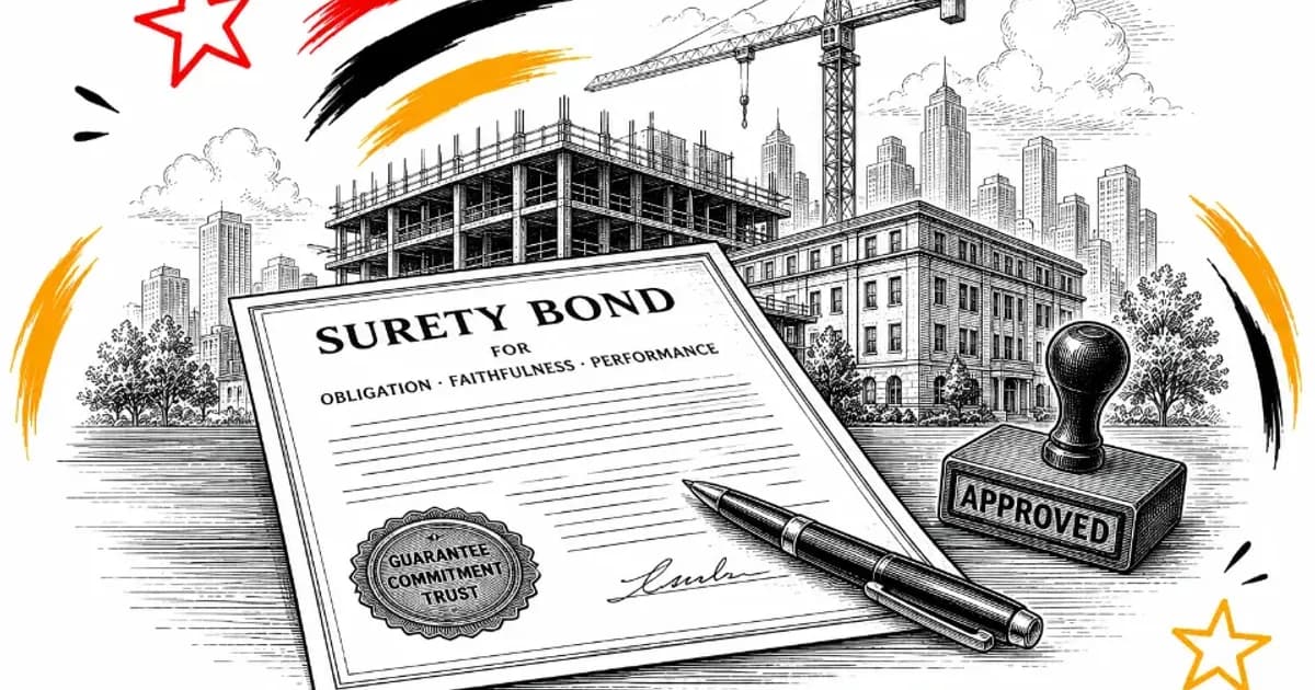 Illustration of a surety bond document with a pen and stamp